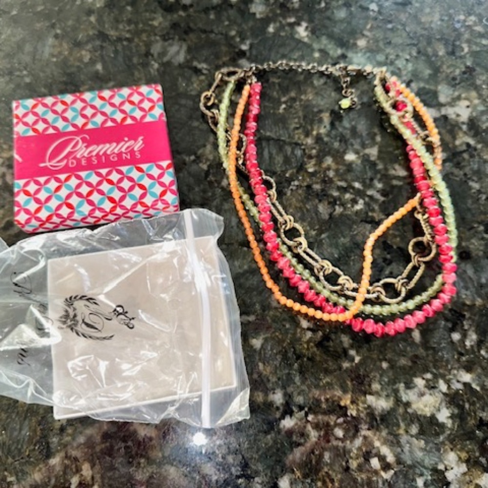 Premier Jewelry Designs Sherbet Necklace. New in box. Multi-strand beads & chain